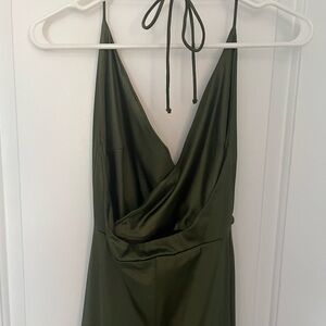 Forest green full slit satin prom dress